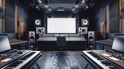 Wall Mural - Modern Audio Studio Professional Equipment Vinyl Records and Business Cards