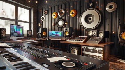 Wall Mural - Modern Audio Studio Professional Equipment Vinyl Records and Business Cards