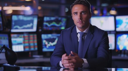 Poster - A businessman sits at a desk with monitors showing financial data in the background.