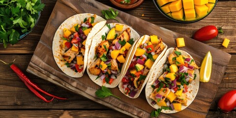 Wall Mural - A trio of tacos sits atop a wooden cutting board, ready for serving