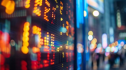 Poster - A close-up shot of a stock ticker display in a city at night, showing rows of numbers and flashing lights. The screen is in focus while the city lights and people in the background are out of focus.