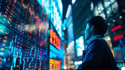 Poster - A man stands in front of a wall of large screens displaying stock market data in a bustling city at night.