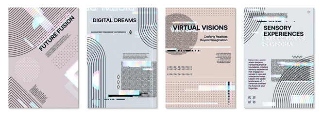 Futuristic glitch poster template, abstract cover background with digital distortion, holographic effect and geometric shapes. Vector cards for advanced technology fusion and innovative experience