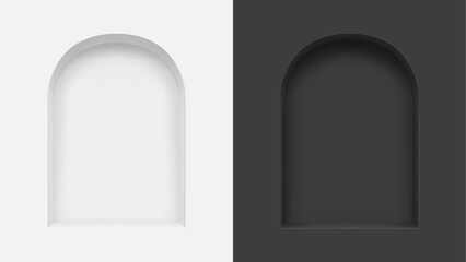 3d wall niches, arch shaped empty shelves on white and black background. Realistic vector two shop, gallery arc mockups for product presentation. Retail storage, exhibit space, interior bookshelf