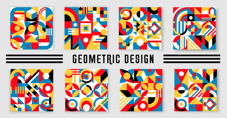 Aufkleber - Abstract modern geometric patterns with minimal graphic elements. Vector background of color squares, circles and triangles, arches and curved lines. Simple geometry forms and figures trendy mosaic