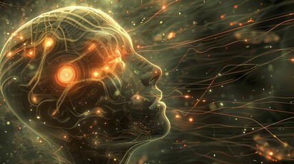 Poster - A head with a face and a lot of glowing lights surrounding it. The lights are in different colors and sizes, and they seem to be coming from the head. Scene is one of wonder and curiosity