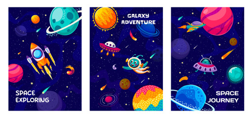 Poster - Cartoon galaxy landscape, space travel and explore vector banners. Cute alien astronaut characters in outer space with UFO spaceship, rocket and starship, galaxy universe planets, stars and comets