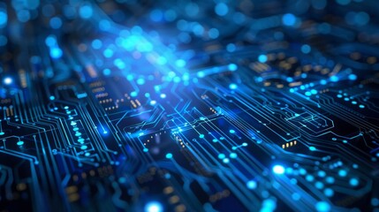 Poster - A close-up photograph of a circuit board, showing intricate blue connections and glowing lights.