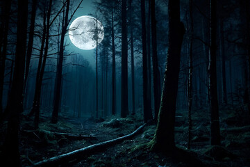 Dark cold futuristic forest, dramatic scene with trees, big moon, moonlight. Shadow landscape in night woodland reflection in river. Fairy tale concept. Copy ad text space. Generative Ai illustration