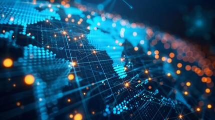 Poster - An abstract digital illustration of a world map with glowing nodes and lines connecting continents, representing a network or global connectivity.
