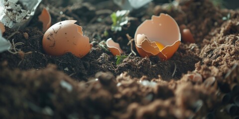 Wall Mural - A cracked and empty eggshell sits amidst dirt and potentially decaying organic matter