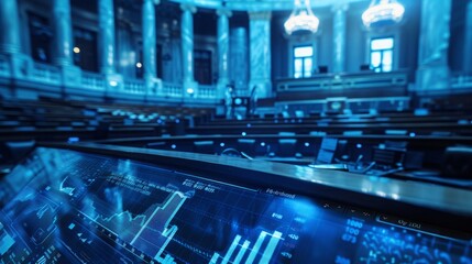 Poster - A close-up shot of a monitor displaying financial data inside a modern building.