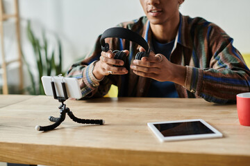 Young African American male blogger with headphones, using a tablet at a table.