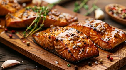 Wall Mural - An enticing picture of salmon cooked over cedar planks and topped with spices, herbs, and garlic