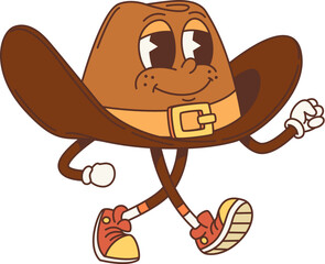 Poster - Cartoon retro Western cowboy hat groovy character, old american Wild West vector personage. Vintage leather brown hat of Western cowboy, sheriff or Wild West gunslinger emoticon, old american emoji