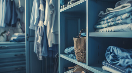 Wall Mural - Closeup of an opened wardrobe with full of clothes in blue color tone and cozy style.