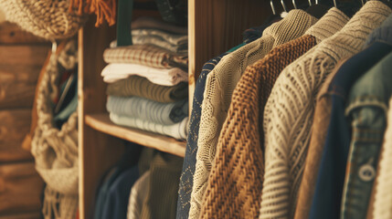 Wall Mural - Closeup of an opened wardrobe with full of clothes in brown color tone and cozy style.