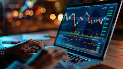 Poster - A persons hands are visible as they use a laptop to analyze stock market data, with a blurred background of city lights.