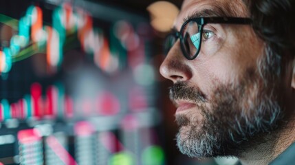 Poster - A man wearing glasses looks intently at a computer screen displaying stock market charts, his expression focused and serious.