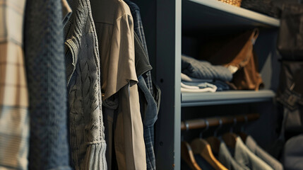 Wall Mural - Closeup of an opened wardrobe with full of clothes in grey color tone and cozy style.