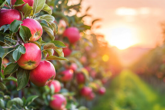 Red apples on tree ready to be harvested. Ripe red apple fruits in apple orchard. Selective focus. Sunset. Copy space