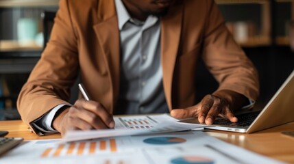 Poster - A close-up view of a persons hands working on a laptop and reviewing financial documents.