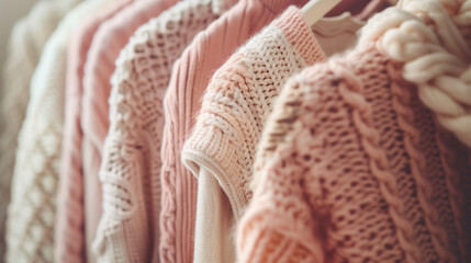Wall Mural - Closeup of hanging knitted sweaters in pastel pink colors tone and cozy style.