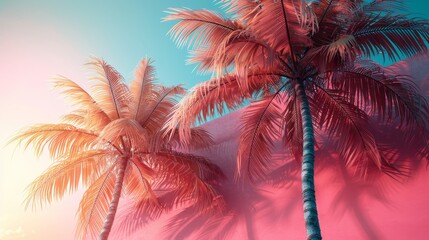 Wall Mural - Summer tropical palm tree pattern on pastel pink backdrop. 3D rendering