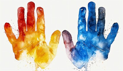 Two hands with different colors of paint on them
