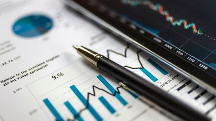 Wall Mural - A black pen rests on a financial report with blue bar graphs and a smartphone displaying a stock market graph.