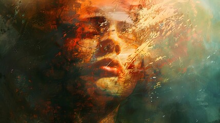 Poster - a painting of a woman's face with blue and orange colors. the painting is abstract and has a lot of 