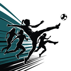 Women soccer player vector silhouettes on white background isolated. Silhouette of a woman kicking soccer ball, vector illustration