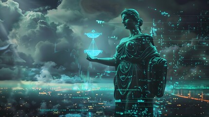 Wall Mural - A woman holding a crystal in her hand. The crystal is glowing and surrounded by a blue light. The sky is cloudy and the city below is lit up. Scene is mysterious and ethereal