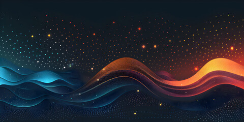 Wall Mural - Flat design illustration with dark gradient background, dynamic dots, wavy lines, and vibrant olive, orange and blue colors.