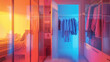 © Kanlayarawit - Front view of an opened wardrobe with full of clothes in neon holographic lights color tone and modern style.