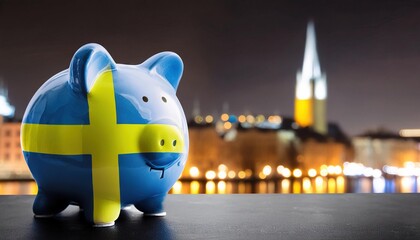 Wall Mural - Swedish Piggy Bank with City Skyline Background