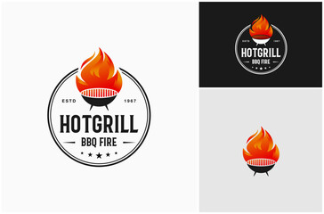 Sticker - Grill Pan BBQ Barbecue Steak Hot Fire Flame Cooking Circle Badge Vector Logo Design Illustration