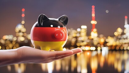 Wall Mural - Piggy Bank with Germany Flag Design Against Night Cityscape