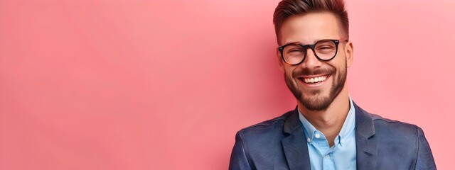 Poster - Confident Young Businessman Smiling in Formal Attire on Colorful Background