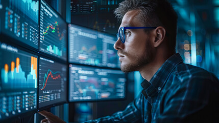 Poster - Serious Financial Analyst Working Late at Night Analyzing Data From Multiple Screens, Stock Market, Big Data, Technology Concept.