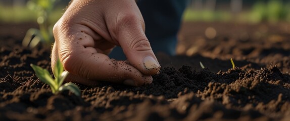 Hands of farmer showing black soil in agricultural field. Farmer holding in hands fresh fertile soil before sowing