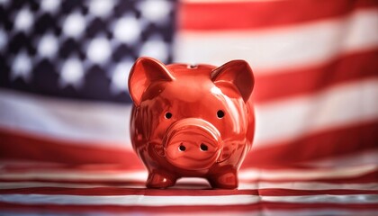 Wall Mural - American Flag Background with Red Piggy Bank