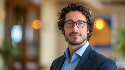 Poster - Portrait of handsome businessman with curly hair and eyeglasses in office
