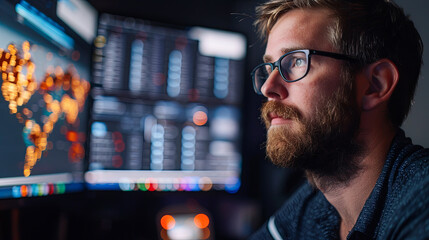 Poster - Portrait of a young man with a beard on a computer monitor.