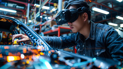 Poster - Young Asian man wearing virtual reality goggles in a factory. Technology and future concept.