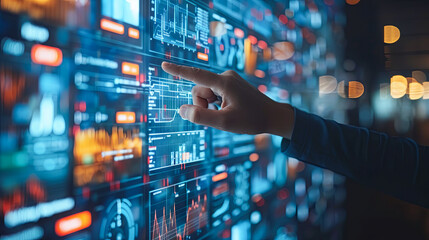 Poster - Close up of businessman hand touching virtual panel with forex chart. Business and financial concept