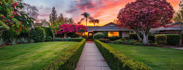 Beautiful garden with lawn and trees in front of the house at sunset