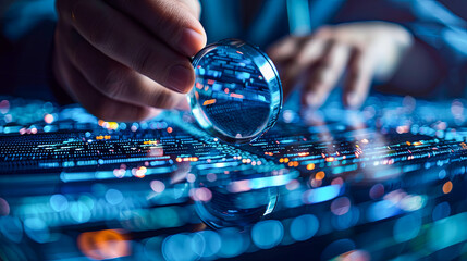 Poster - Hacker using a magnifying glass to steal data on a computer keyboard