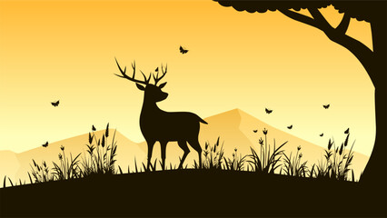 Poster - Landscape illustration of silhouette deer at meadow with butterflies