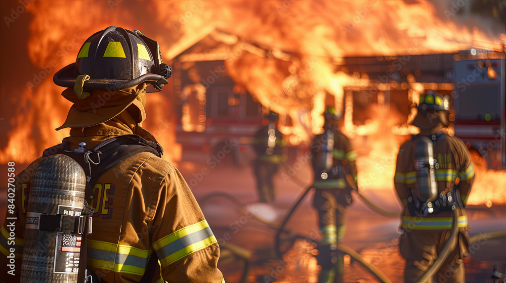 Firefighter in Full Gear Standing in Front of Burning Building With ...